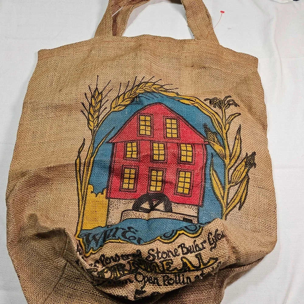 Vtg‎ War Eagle Mill Burlap Tote Bag Cornmeal Flour Sack Handmade Reusable Bag